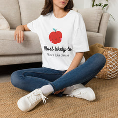 Cute Apple T-Shirt — "Most Likely to Share Like Jesus" Christian Graphic Tee - the image using AI generated person