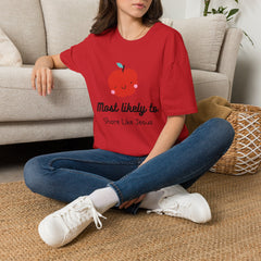 Cute Apple T-Shirt — "Most Likely to Share Like Jesus" Christian Graphic Tee - the image using AI generated person