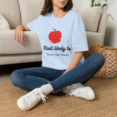 Cute Apple T-Shirt — "Most Likely to Share Like Jesus" Christian Graphic Tee - the image using AI generated person