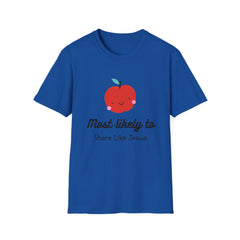 Cute Apple T-Shirt — "Most Likely to Share Like Jesus" Christian Graphic Tee - the image using AI generated person