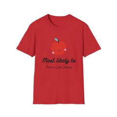 Cute Apple T-Shirt — "Most Likely to Share Like Jesus" Christian Graphic Tee - the image using AI generated person