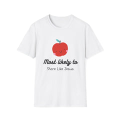 Cute Apple T-Shirt — "Most Likely to Share Like Jesus" Christian Graphic Tee - the image using AI generated person