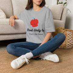 Cute Apple T-Shirt — "Most Likely to Share Like Jesus" Christian Graphic Tee - the image using AI generated person