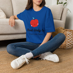 Cute Apple T-Shirt — "Most Likely to Share Like Jesus" Christian Graphic Tee - the image using AI generated person