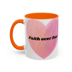 Faith Over Fear Pink Heart Accent Coffee Mug — Inspirational 11/15oz Ceramic