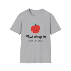 Cute Apple T-Shirt — "Most Likely to Share Like Jesus" Christian Graphic Tee - the image using AI generated person