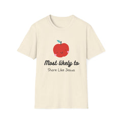 Cute Apple T-Shirt — "Most Likely to Share Like Jesus" Christian Graphic Tee - the image using AI generated person