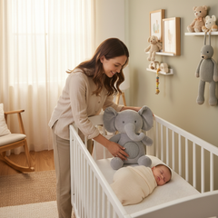 Mom Placing Plush Toy in Crib